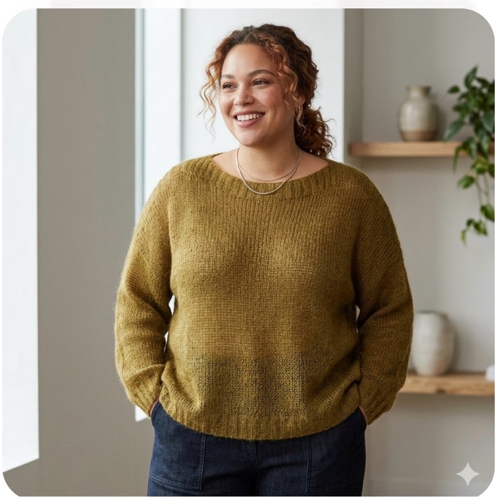 Eileen Fisher Mohair & Wool Blend Boxy Sweater XL Olive Gold Italian Yarn